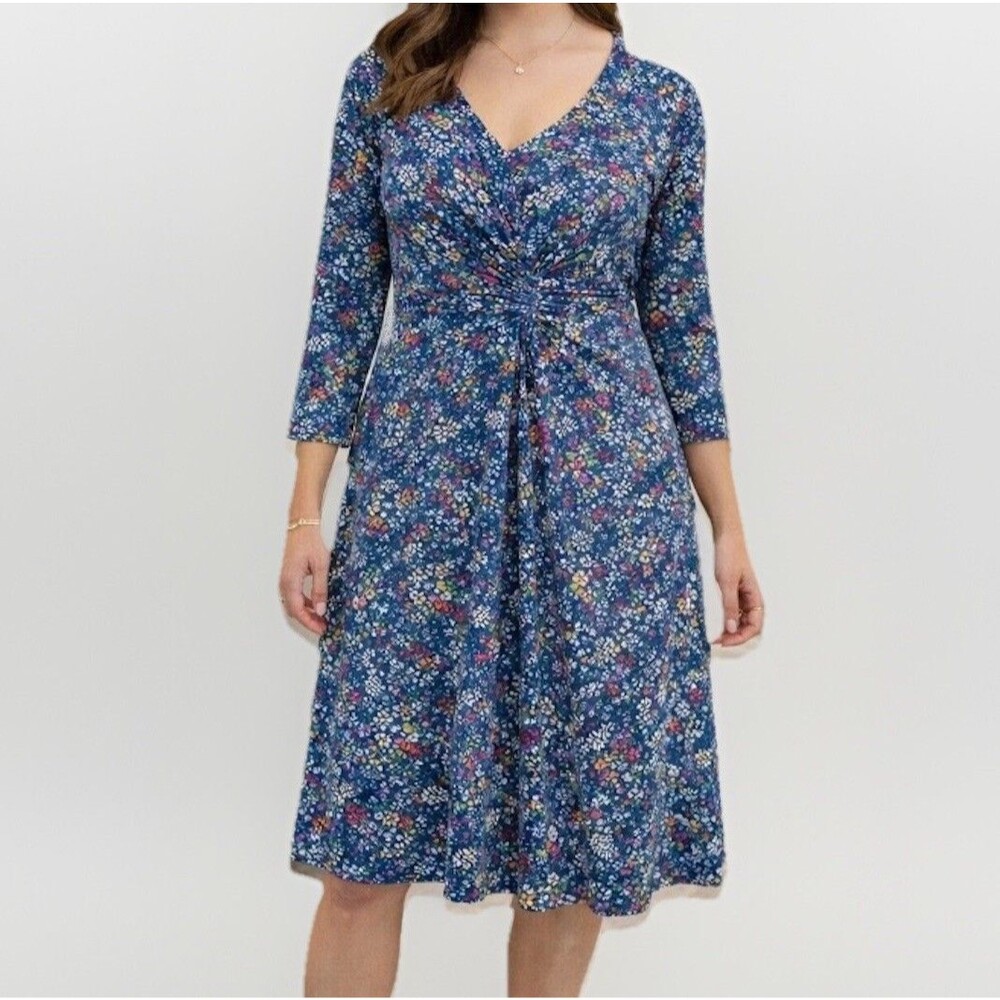 Lands End Floral Twist Front Midi Dress Size 1X Blue Ditsy Floral Pockets Summer